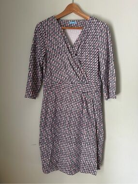 J. McLaughlin Women Small Faux Wrap Dress Blue White Orange Geometric 3/4 Sleeve